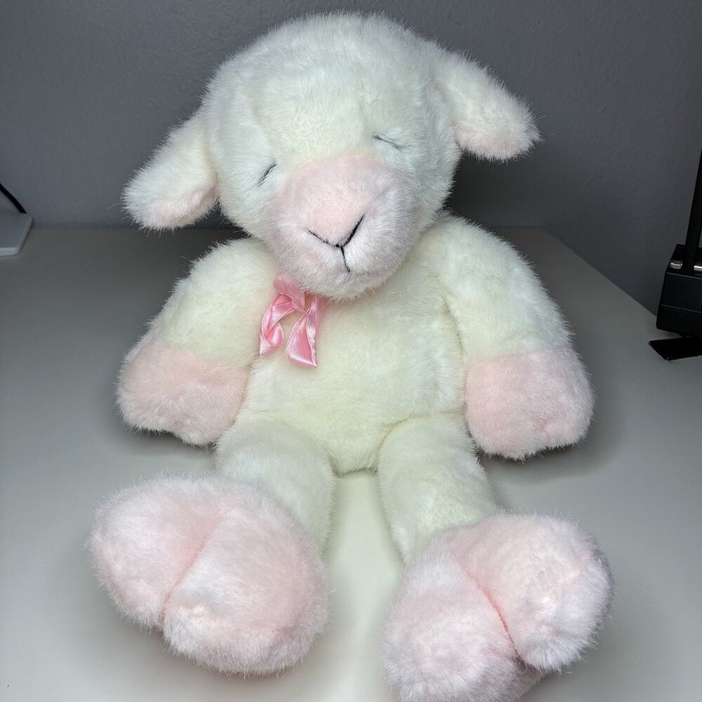 Vintahe 1990 Manhattan Toy Lamb Plush White Pink 18” Satin Bow Sheep Long Legs